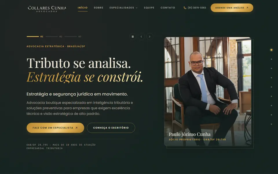 Página inicial do site do escritório Collares Cunha Advogados, em Brasília
