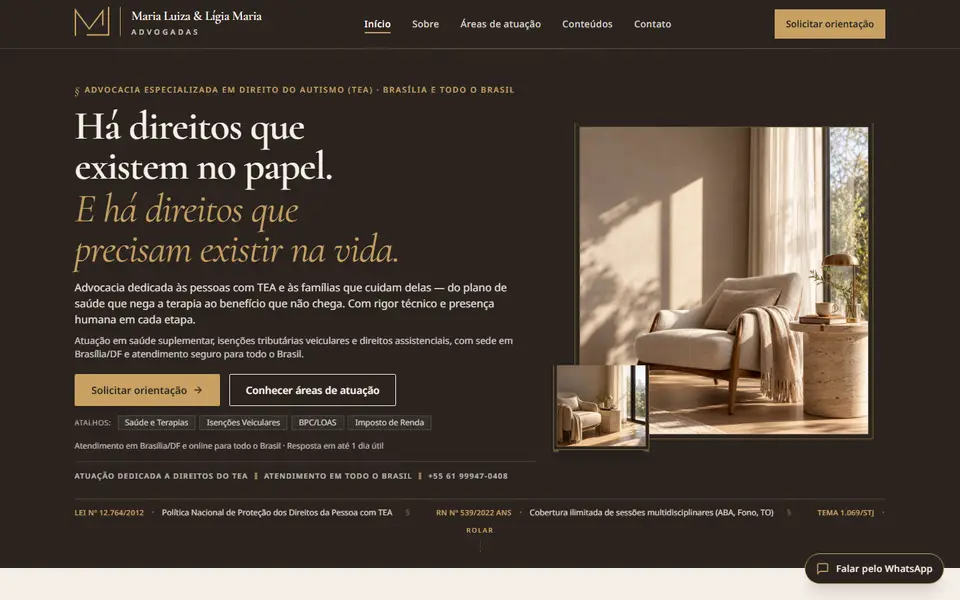 Página inicial do site do escritório Maria Luiza & Lígia Maria Advogadas, em Brasília
