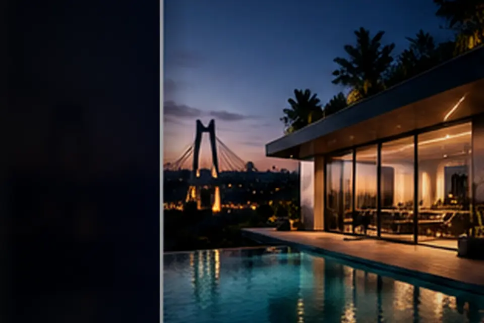 Fachada de residência de luxo ao entardecer com piscina refletindo o céu