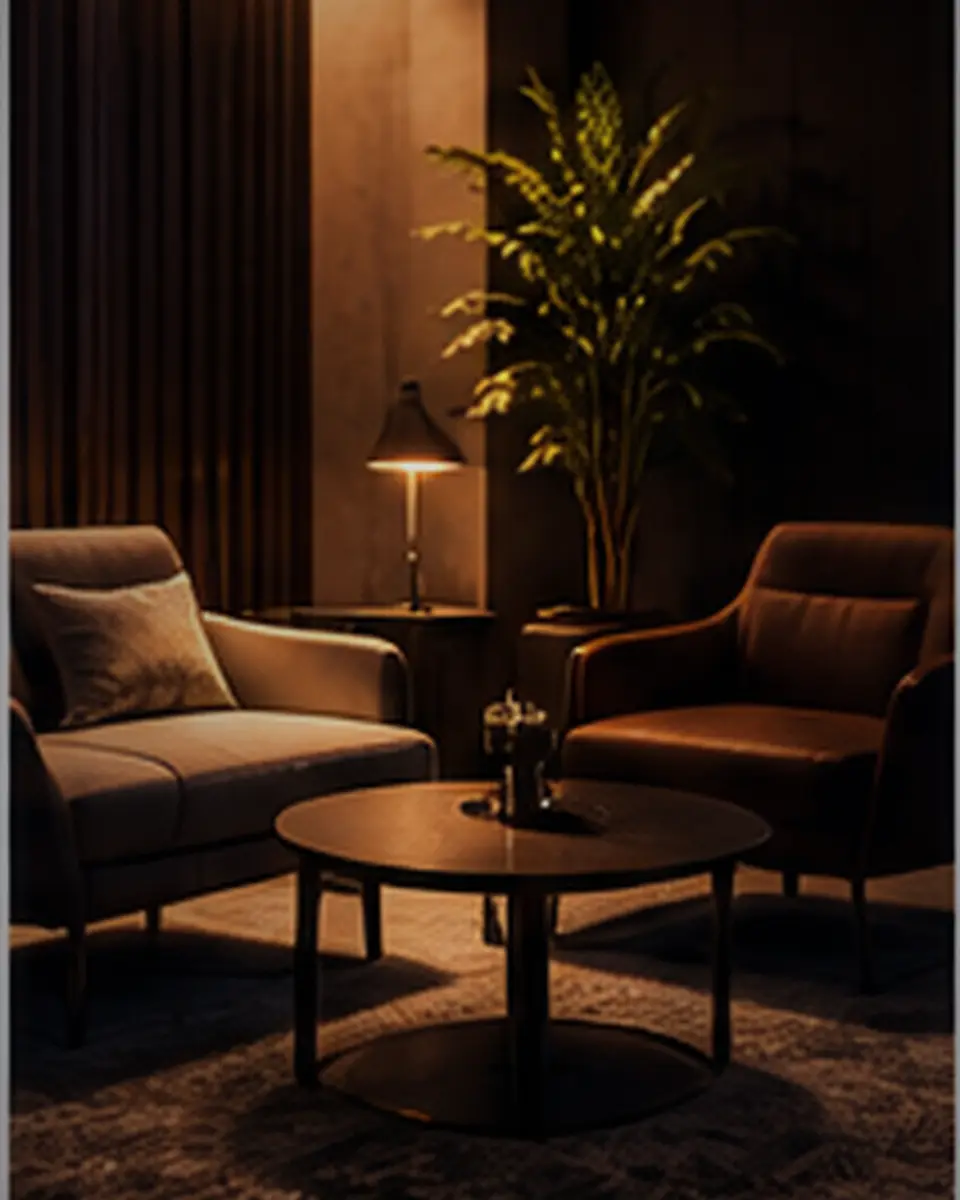 Sala de espera de clínica com poltrona e luz natural suave