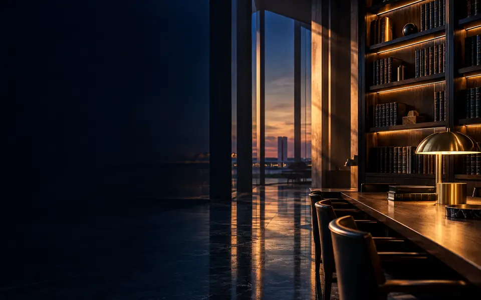 Biblioteca jurídica com colunata e luz de fim de tarde, ambiente de advocacia de alto padrão