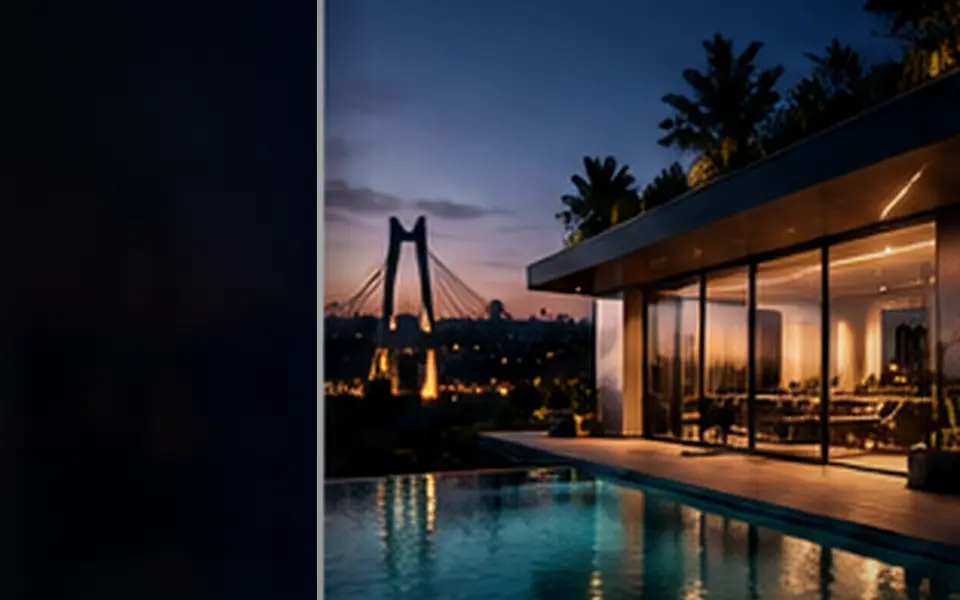 Sala de imóvel de luxo em Brasília ao entardecer, com grande janela de vidro